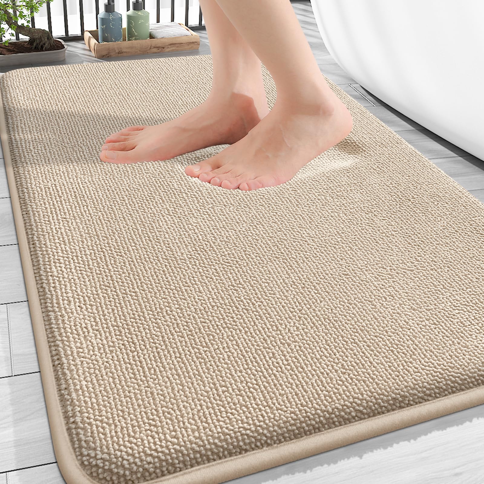 OLANLY Thick Memory Foam Bath Mat Rug beige underfoot comfort in a modern bathroom