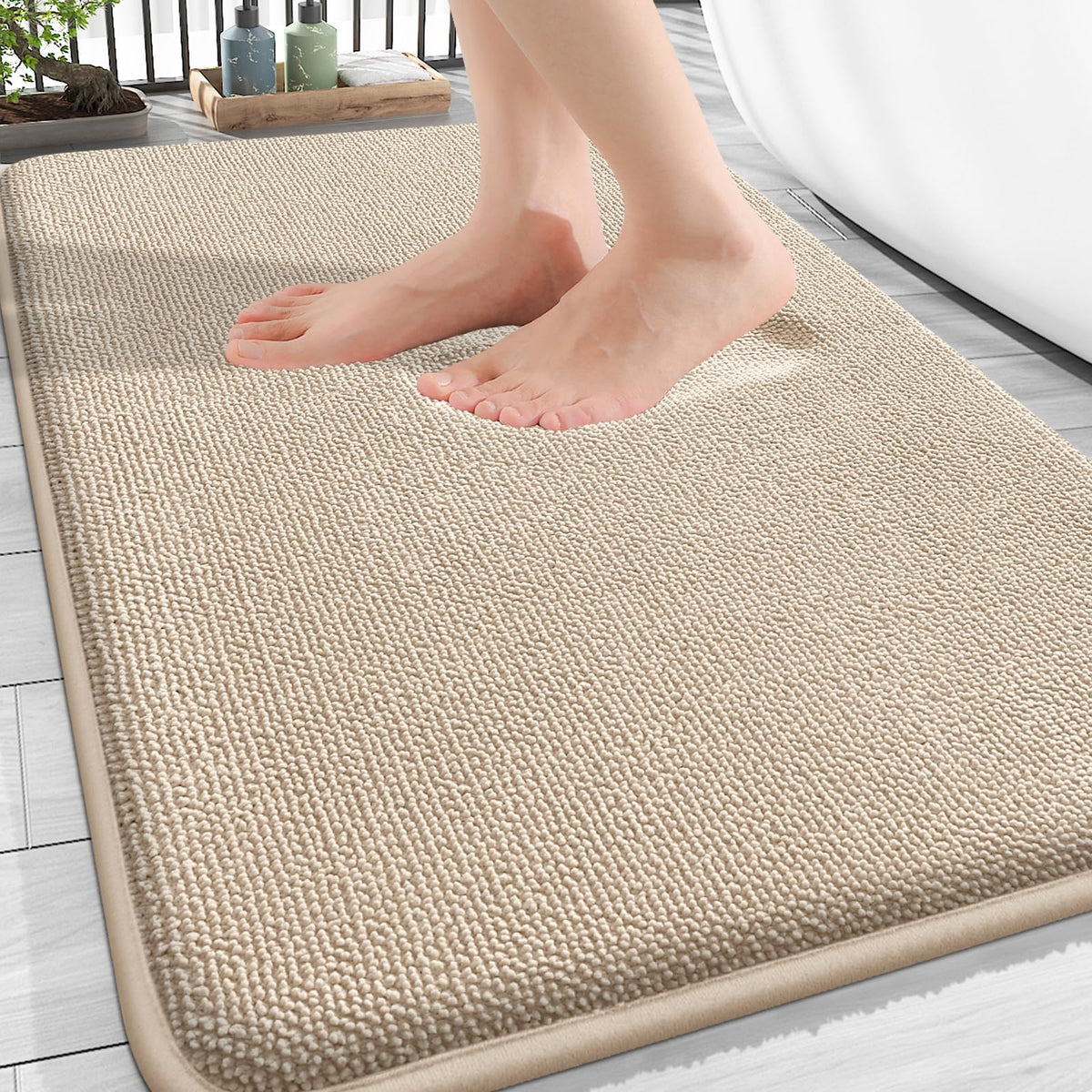 OLANLY Thick Memory Foam Bath Mat Rug beige underfoot comfort in a modern bathroom