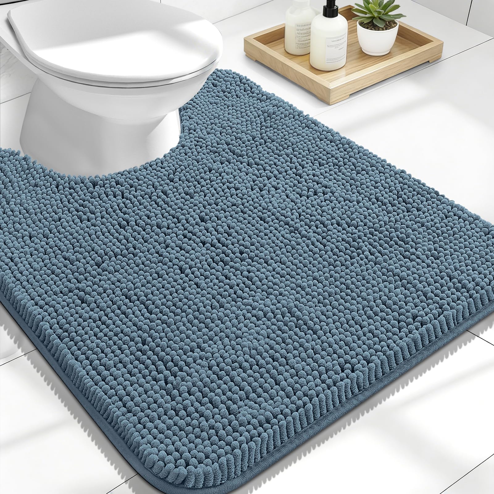OLANLY U shaped toilet rug in airy blue showing soft chenille texture for warm feet