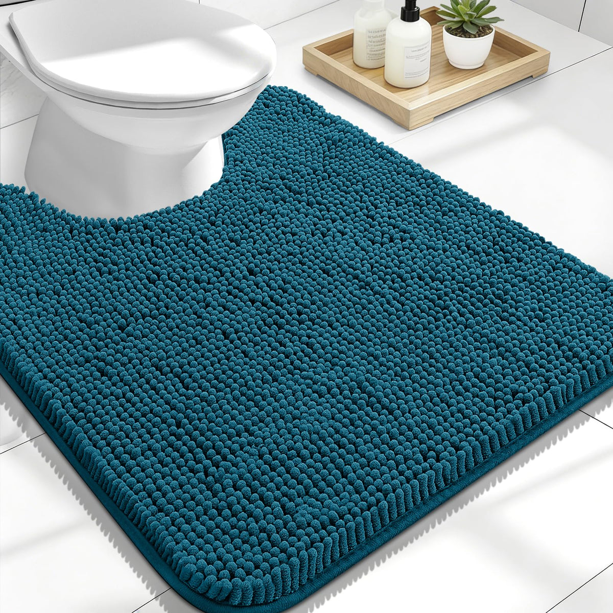 OLANLY U-shaped toilet rug offers plush chenille comfort around the toilet.