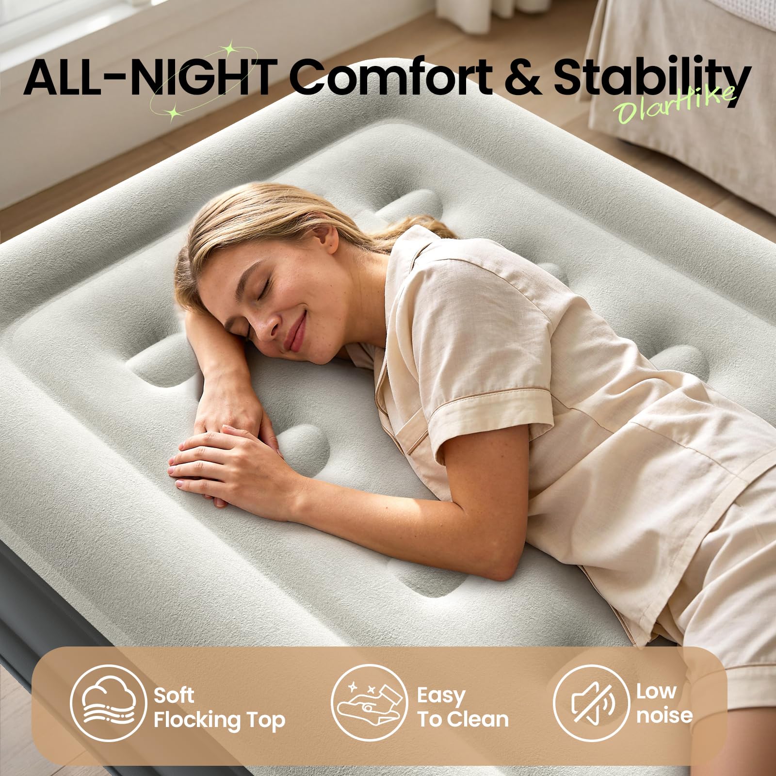 OlarHike twin air mattress shows 18-inch raised bed height for easy access.