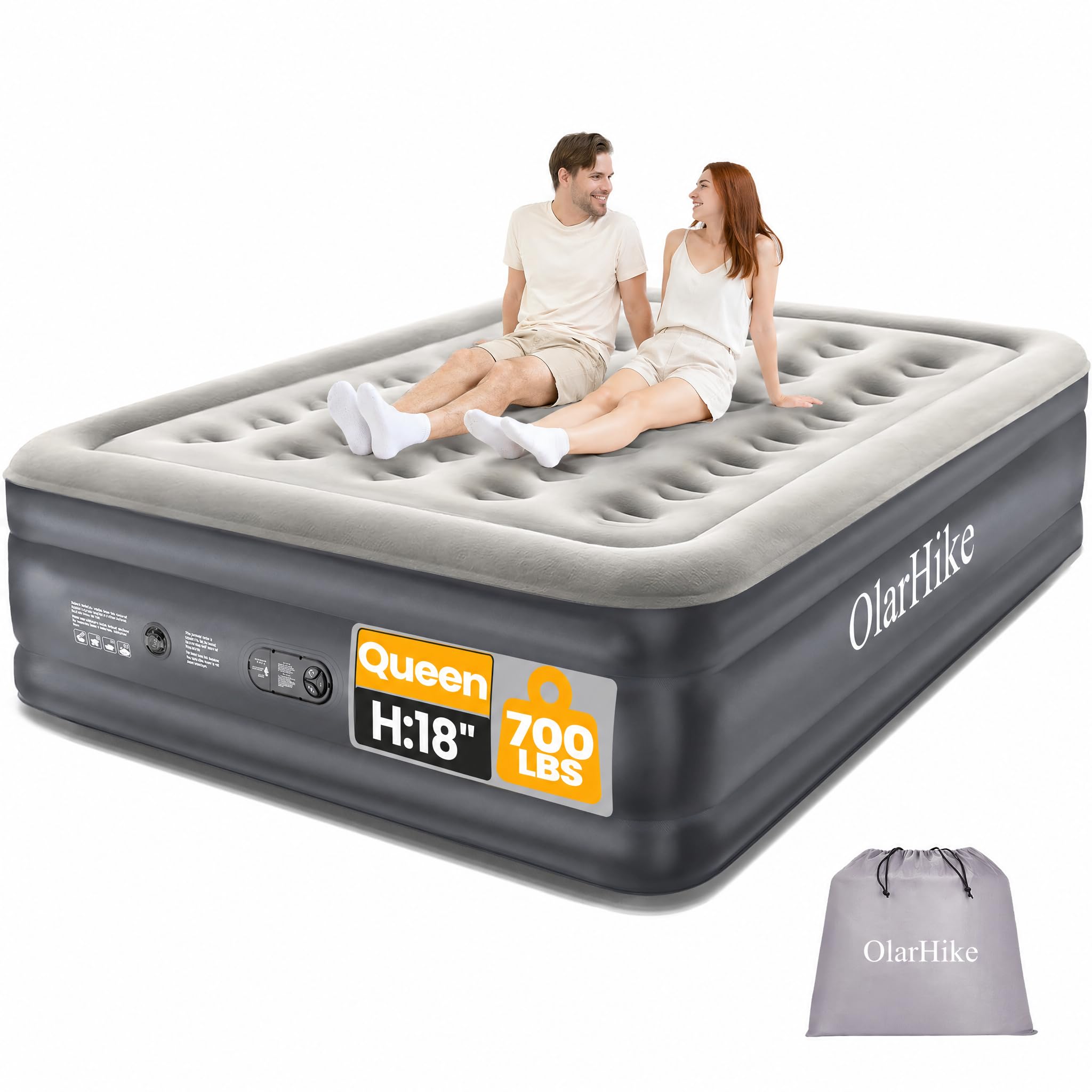 OlarHike queen air mattress with built-in pump for quick inflation and reliable support.