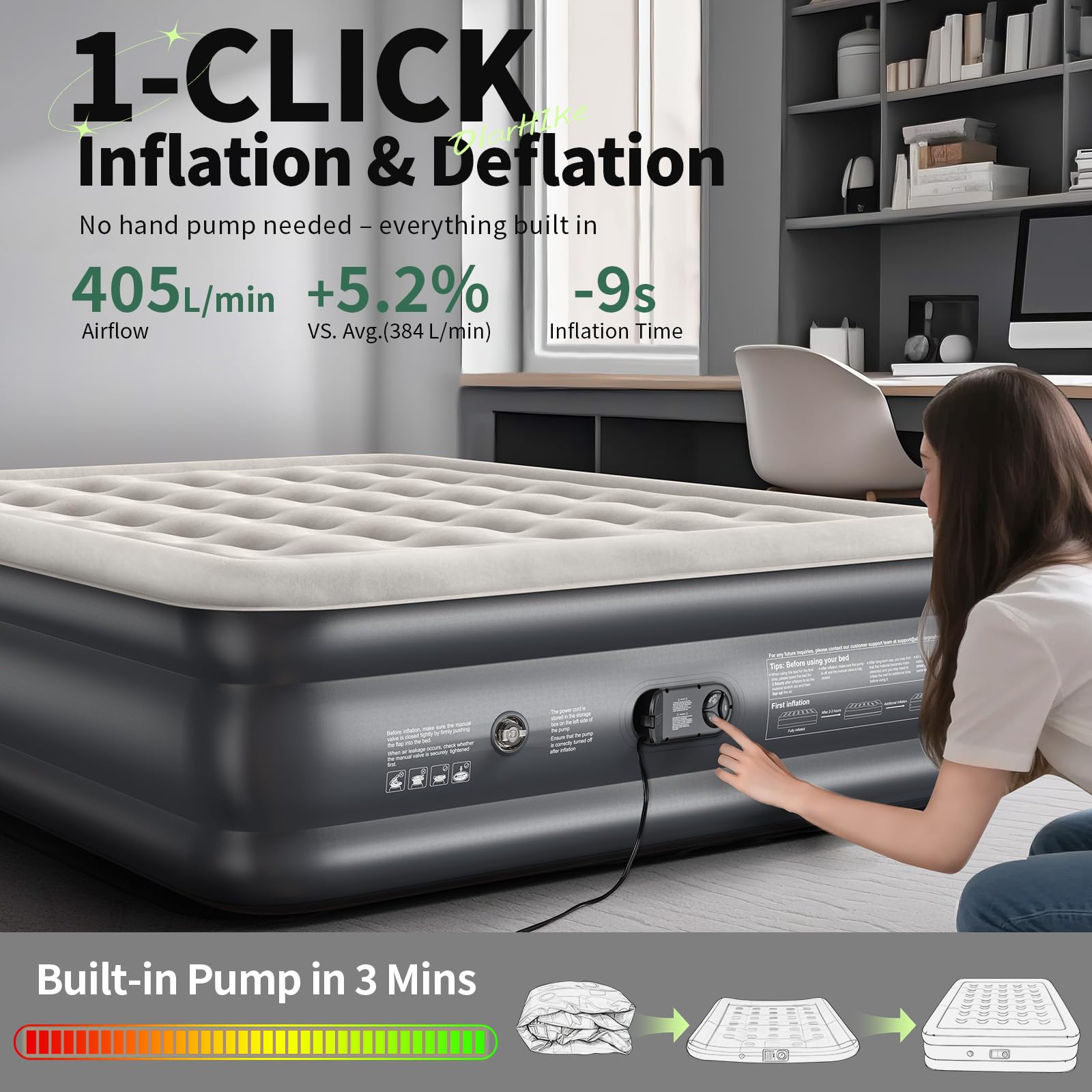 OlarHike air mattress inflates quietly for undisturbed guests or late-night setup.