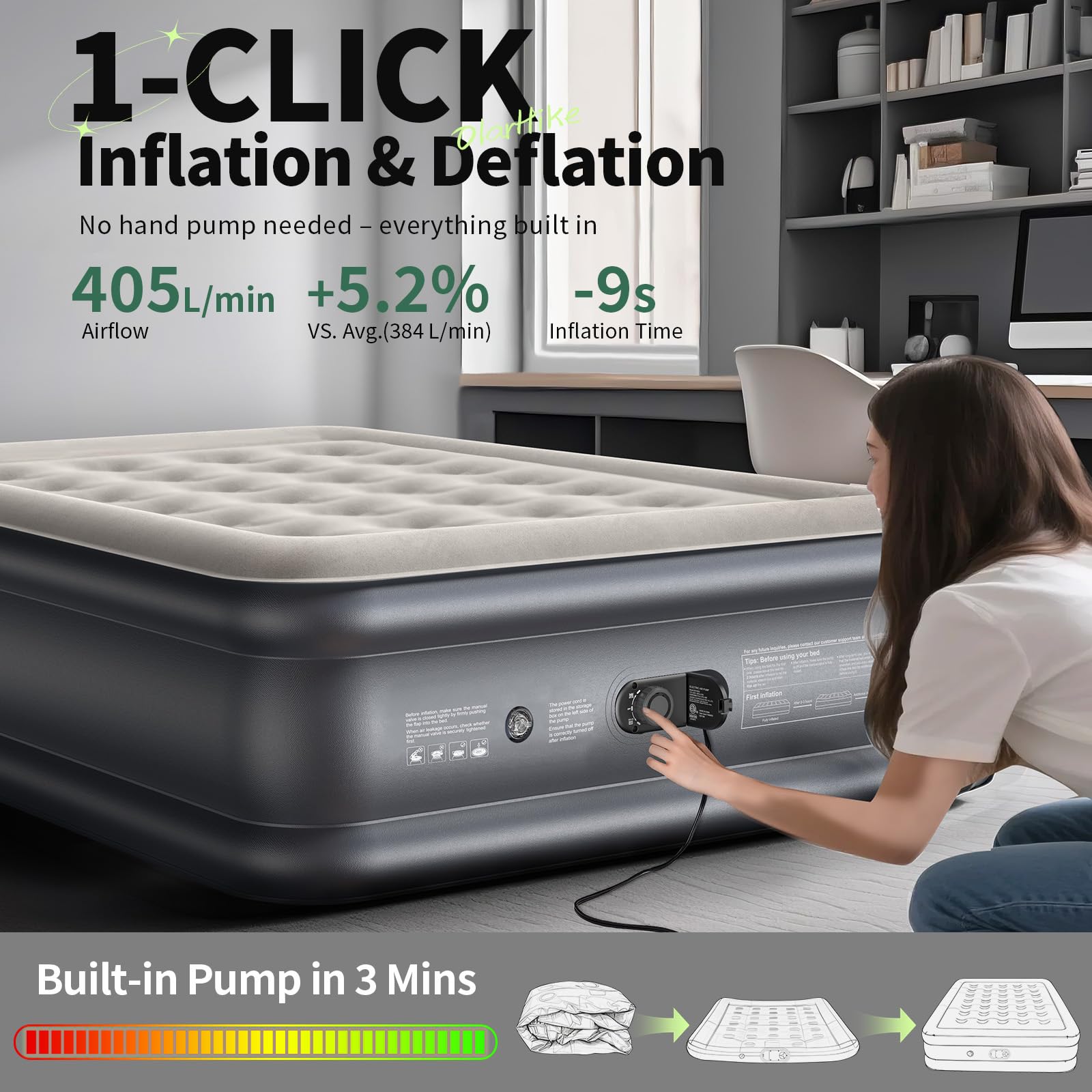 OlarHike dimensions 75 by 54 by 18 inches provide a roomy sleeping surface.