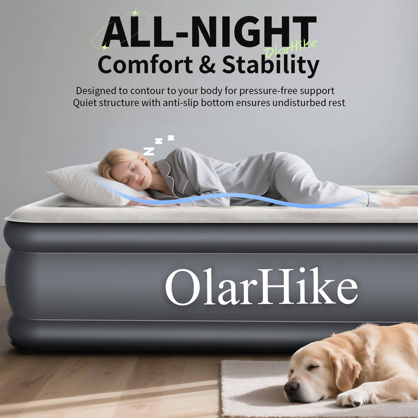 OlarHike eighteen-inch raised air bed shown for elevated comfort at home or camp.