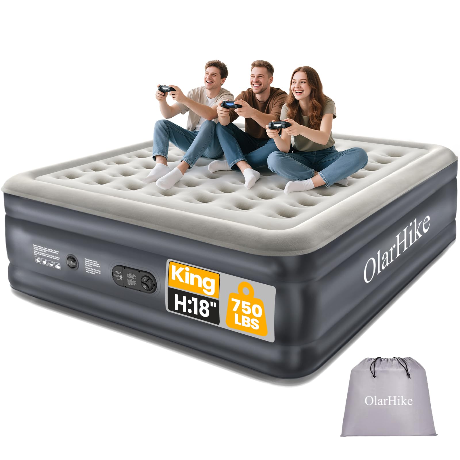 OlarHike king-size air mattress with built-in pump enabling quick setup and guest comfort.