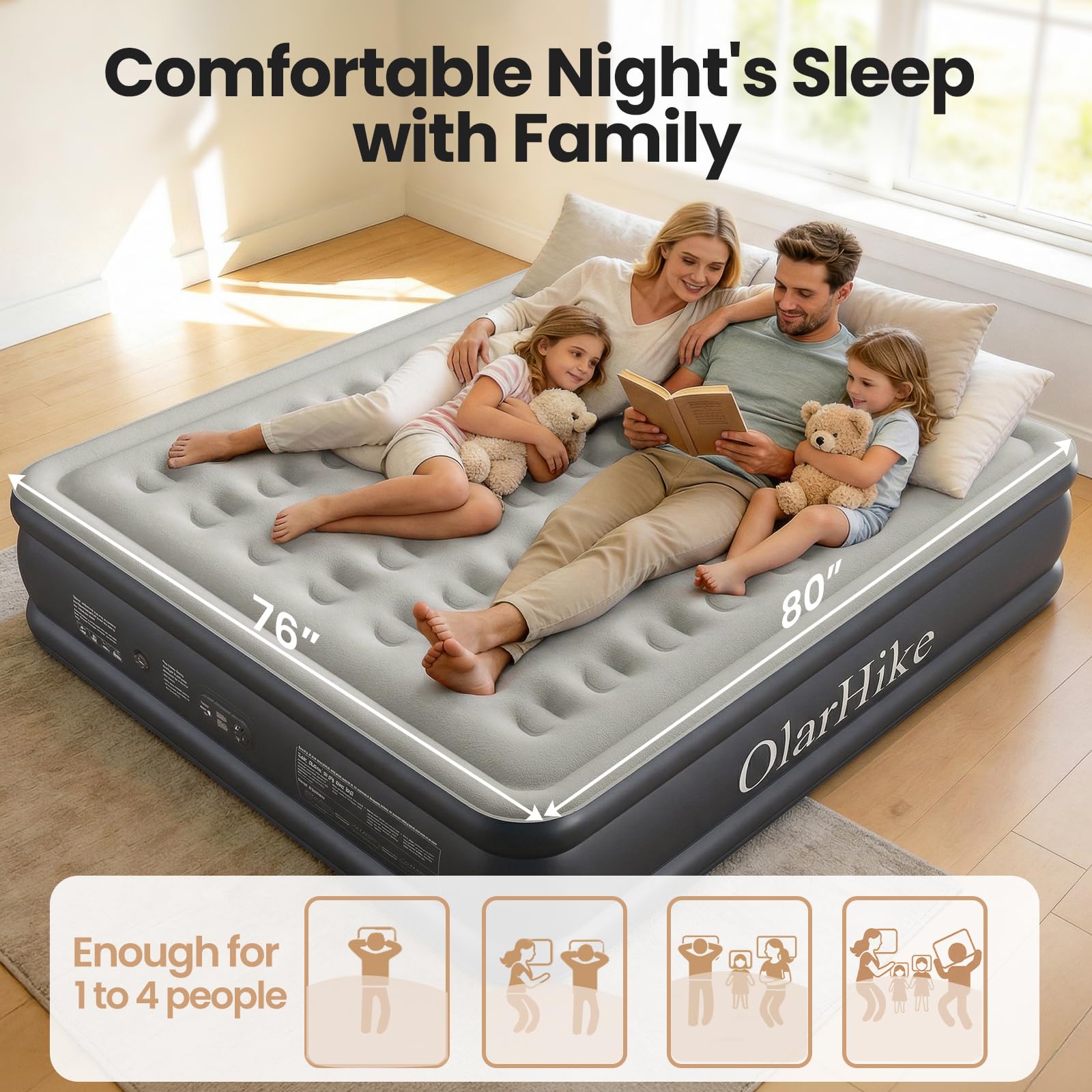 OlarHike king-size bed measures 80 by 76 by 18 inches for spacious sleep.