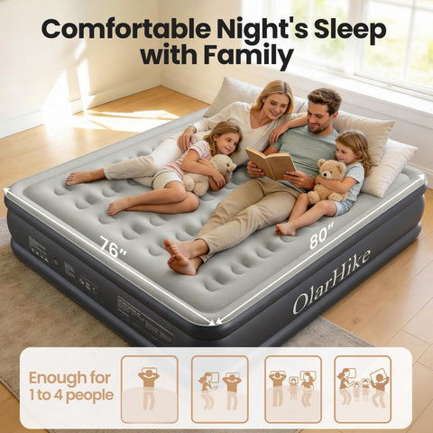 OlarHike king-size bed measures 80 by 76 by 18 inches for spacious sleep.