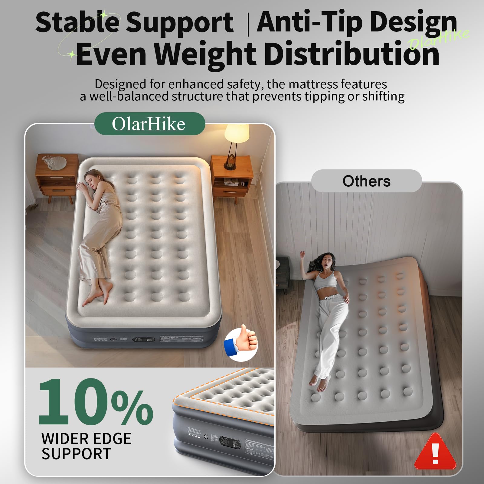 OlarHike quiet non-slip bottom keeps the mattress in place on slick floors.