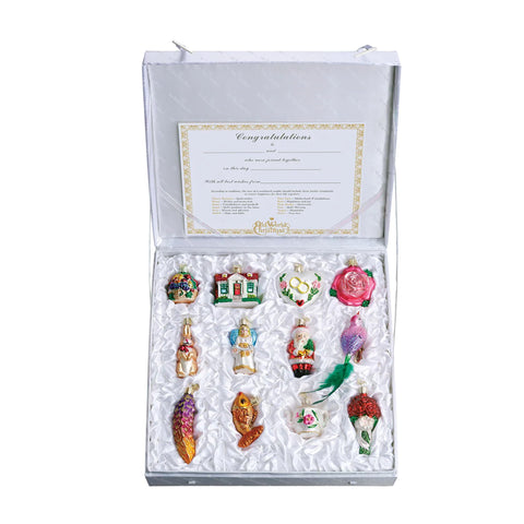 Old World Christmas Bride's Collection Ornament Box Set features twelve hand-painted symbols for a traditional Christmas
