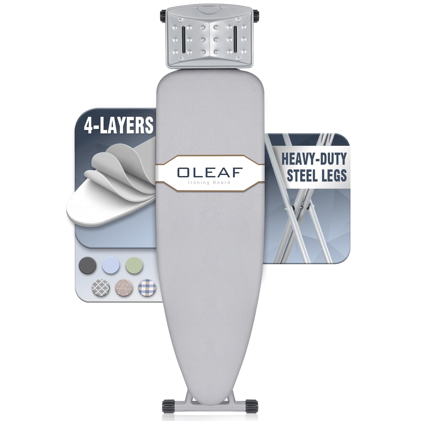 oleaf ironing board with large 43 by 13 inch surface for efficient ironing sessions.
