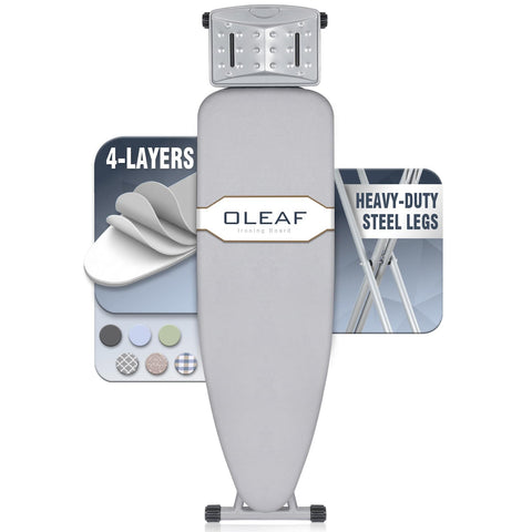 oleaf ironing board with large 43 by 13 inch surface for efficient ironing sessions.