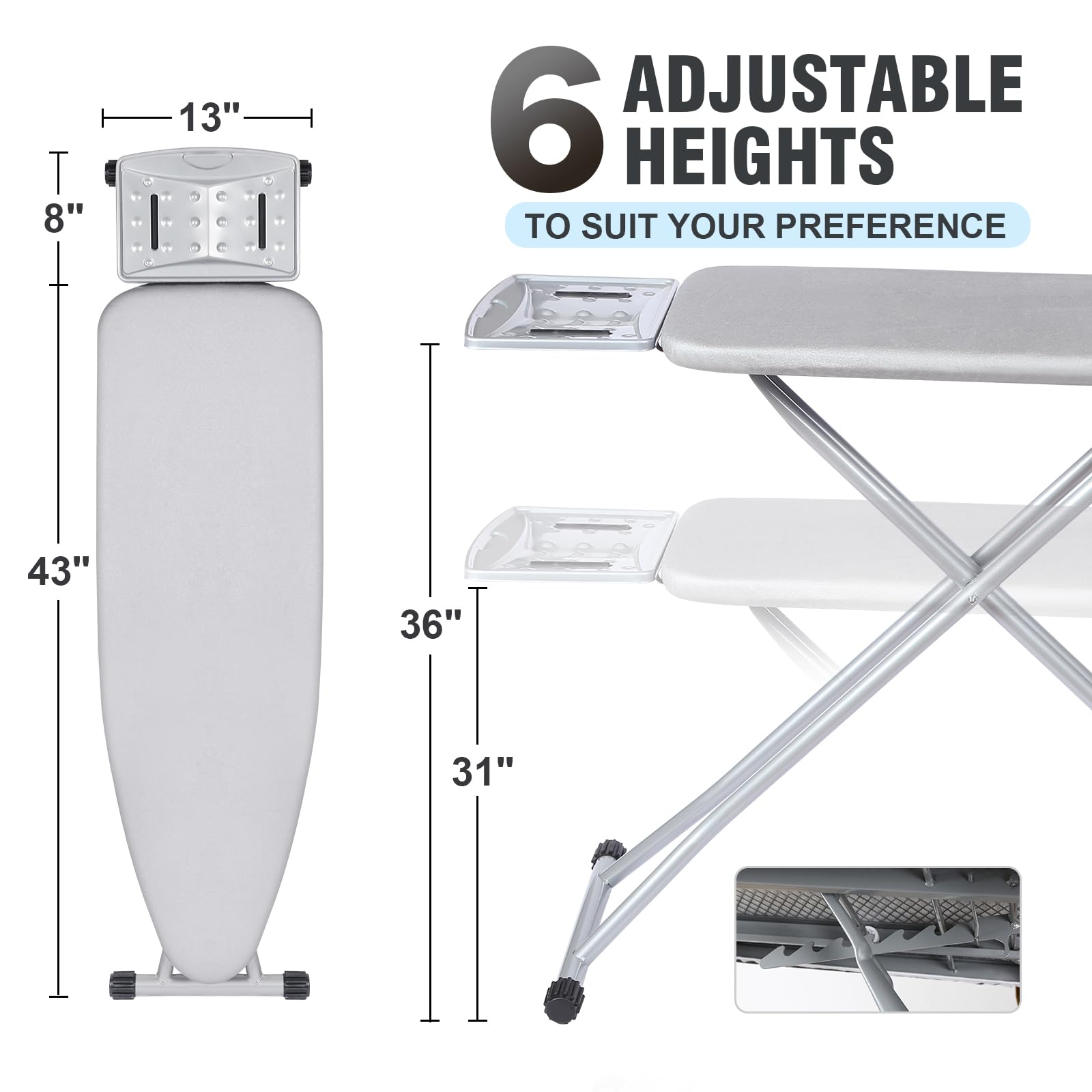oleaf ironing board with perforated top for even heat distribution and steam penetration.
