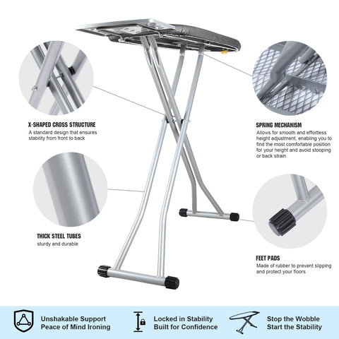 oleaf ironing board with a sturdy base for stable, wobble-free ironing.