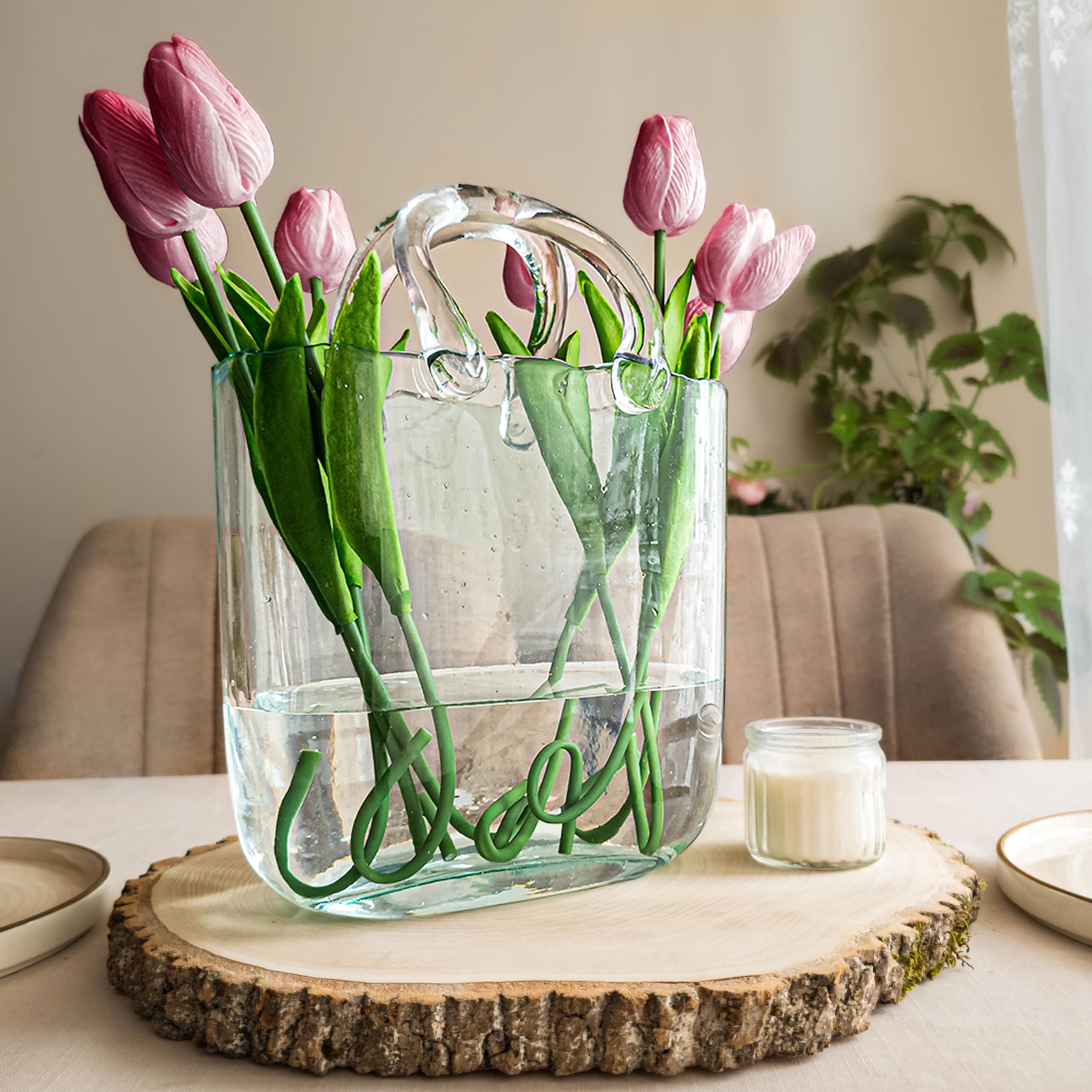 OLEEK purse vase closeup highlights clear glass and handbag silhouette