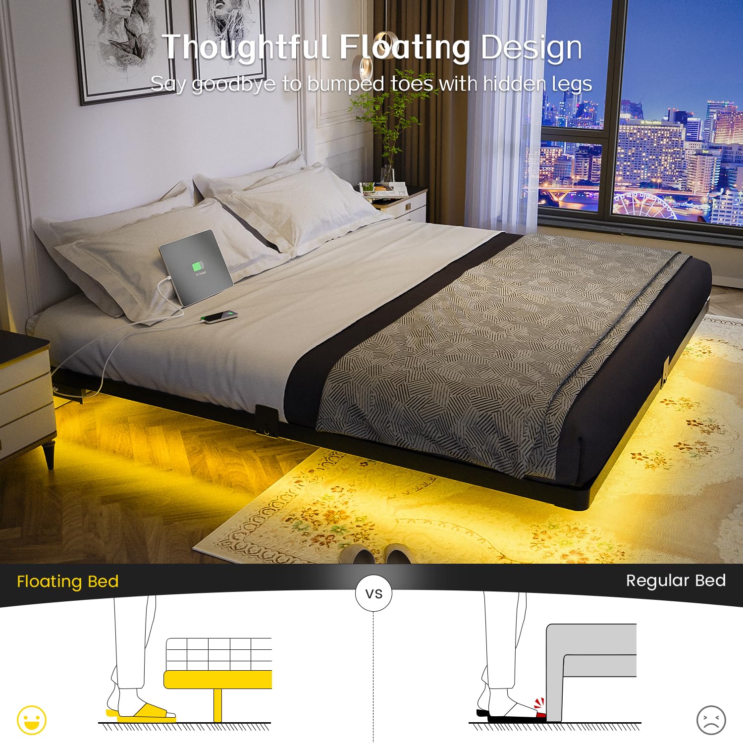 OLEVS bed frame showcasing charging station keeps devices ready while you unwind.