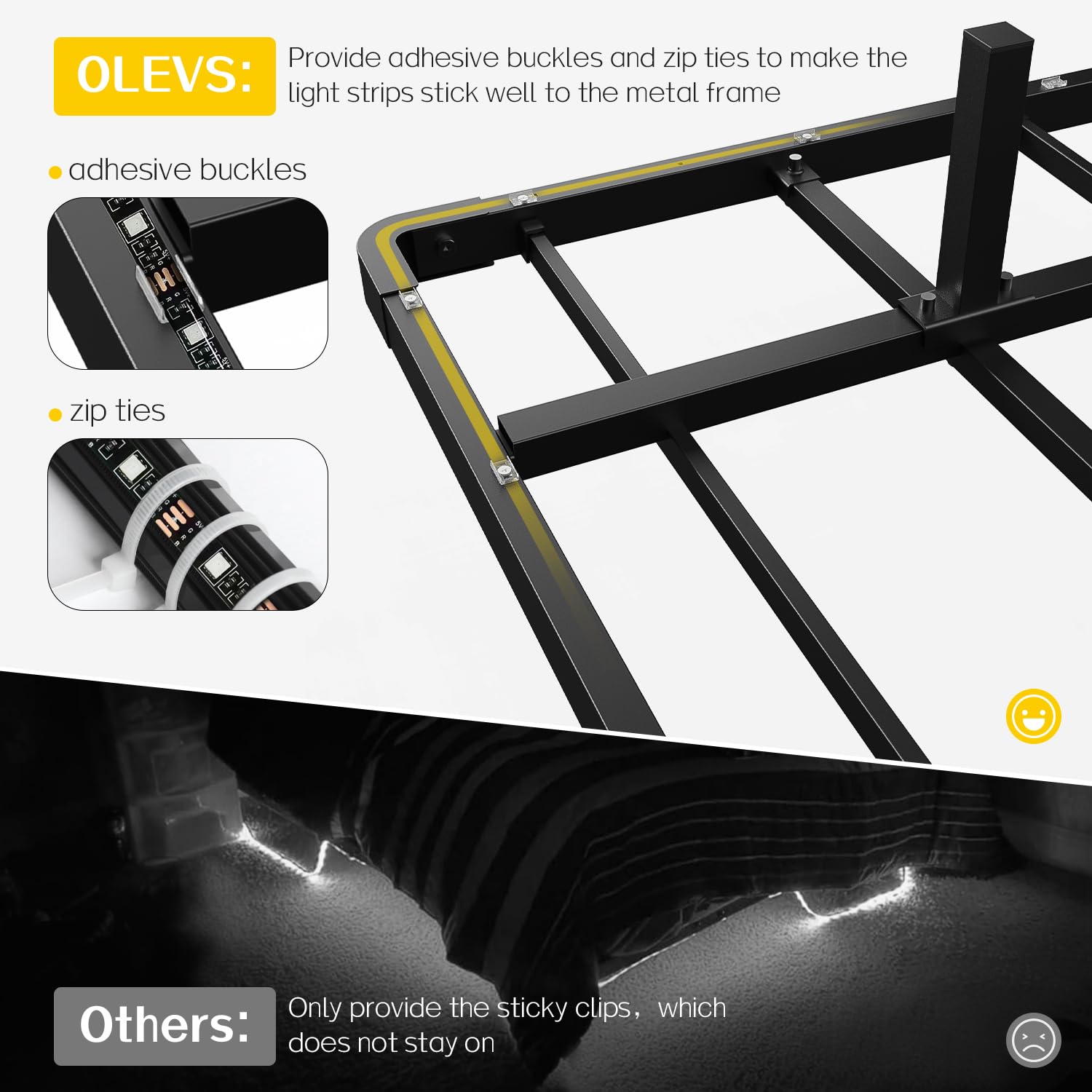 OLEVS floating-effect bedroom centerpiece creates a modern, weightless vibe.