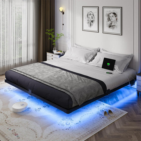 OLEVS King Size Floating Bed Frame front view with sleek suspended design for contemporary spaces.