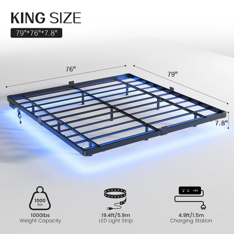 OLEVS floating bed frame with built-in LED lighting enhances ambiance and reading nights.
