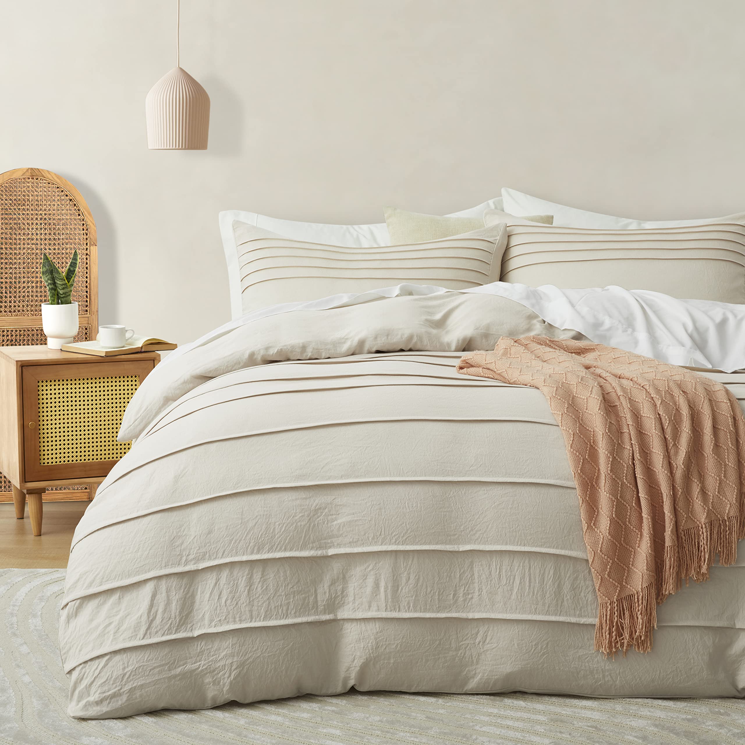 Oli Anderson pleated beige duvet cover in queen size with soft microfiber fabric