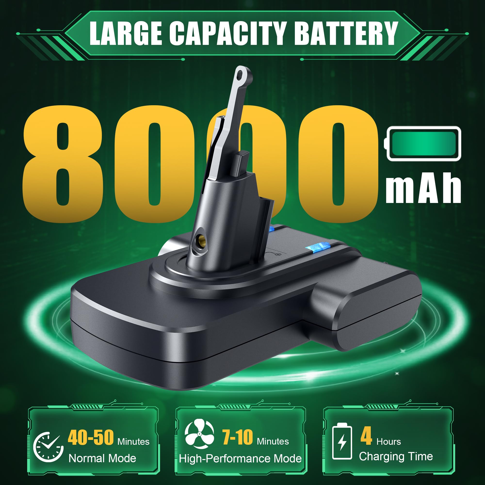 OLINDR safety-protected 8000mAh V7 battery with built-in protections