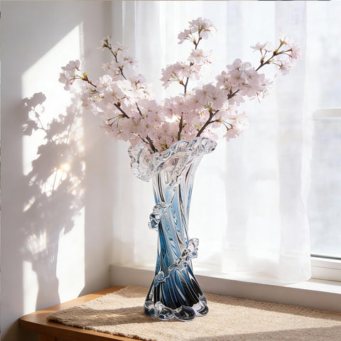 oliruim blue glass vase with swirling blue accents to elevate living room decor