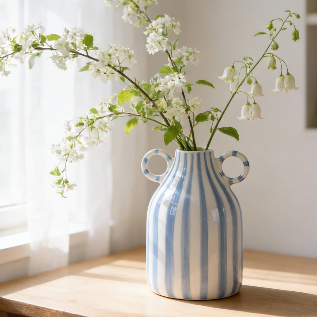 oliruim ceramic vase with blue stripes and handle for table centerpiece