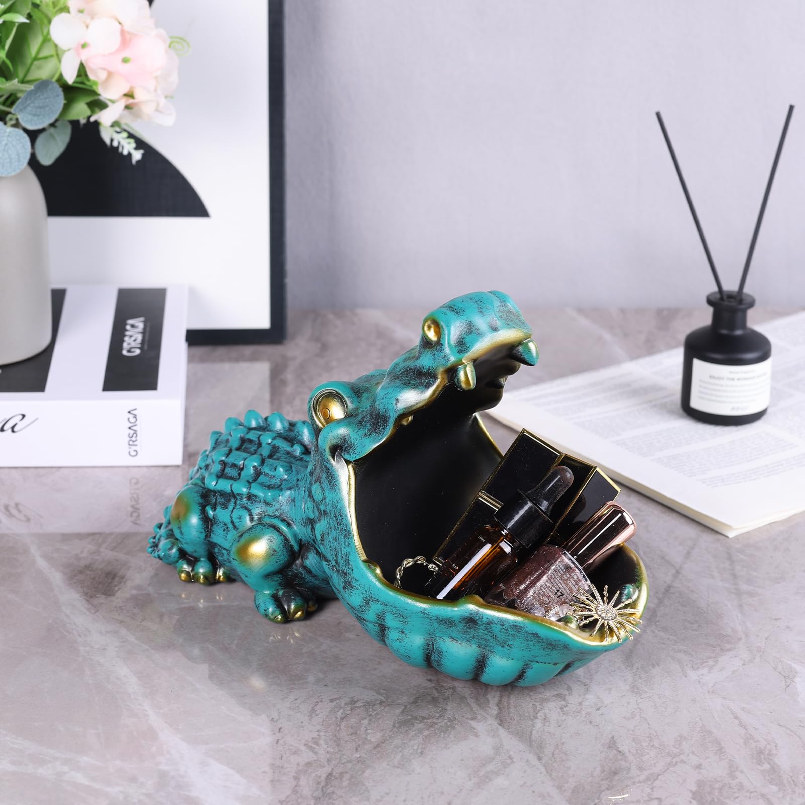 oliruim green alligator decor bowl with distressed finish for vintage-style storage