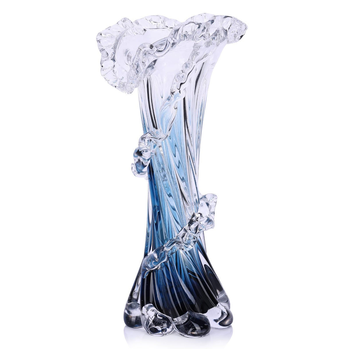 oliruim hand-blown blue glass vase with ocean waves, perfect as a centerpiece