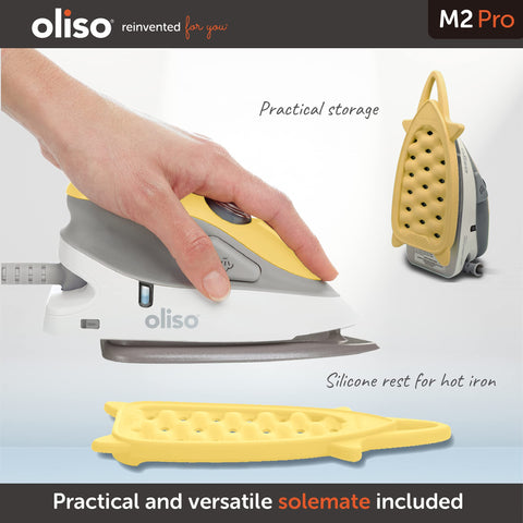 oliso M2Pro ceramic soleplate with precision tip for sharp detail on fabric