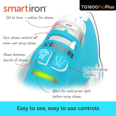 Oliso TG1600 ProPlus 12-foot swivel cord offers flexible movement during ironing.