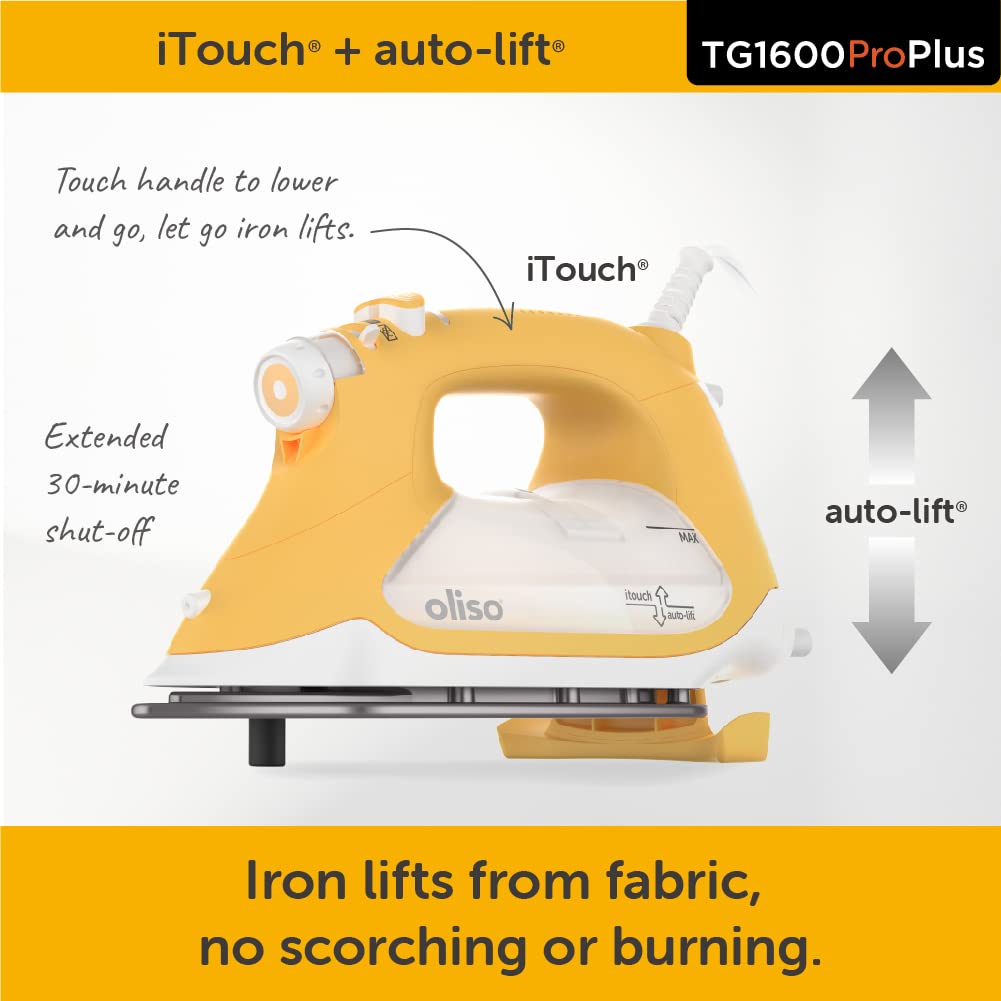 Oliso TG1600 ProPlus iron auto-lift in action raising away from fabric.