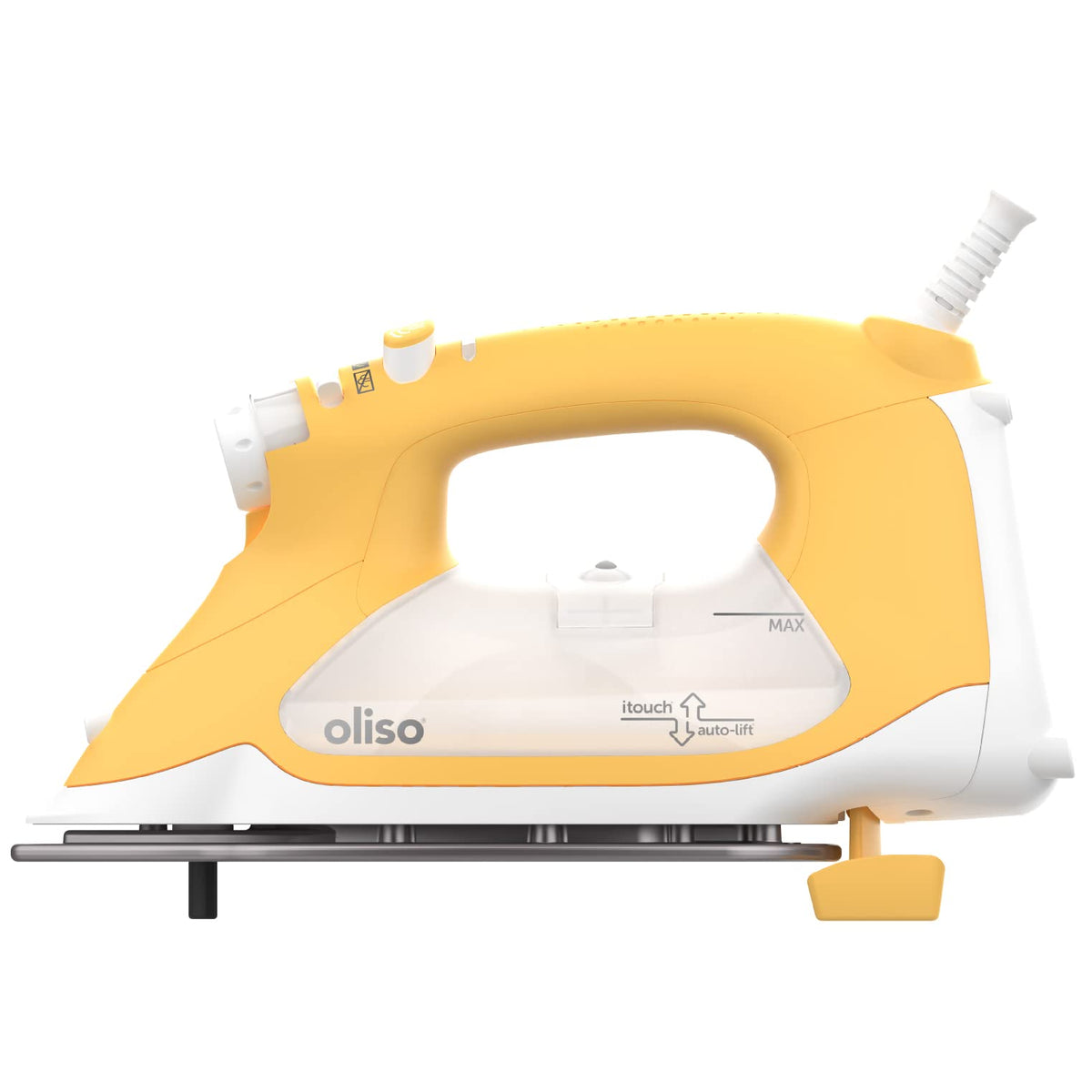 Oliso TG1600 ProPlus iron with lowered handle for safe fabric contact.