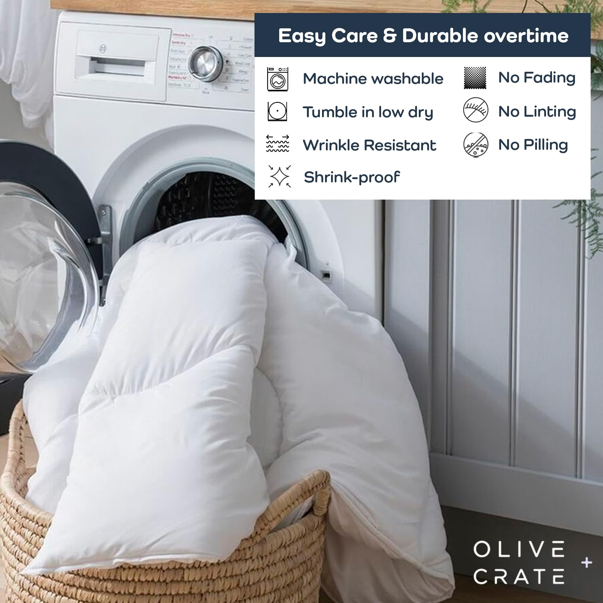 Olive + Crate California King bed setup with duvet insert for inviting, plush sleep scene