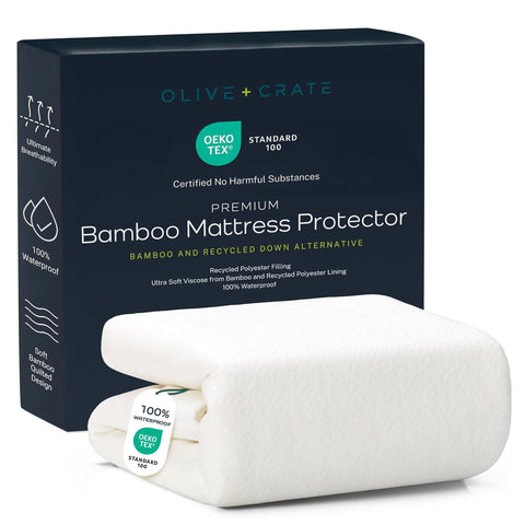 Olive + Crate waterproof mattress protector provides spill protection and dust barrier for cleaner, longer mattress life.