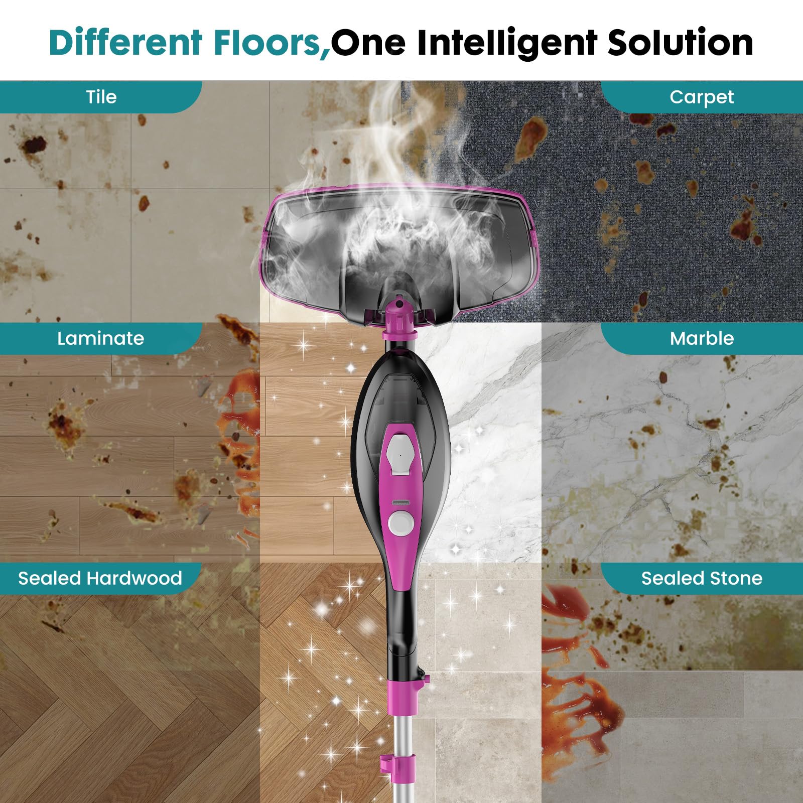 OLIXIS 10-in-1 steam mop demonstrates 180-degree swivel for tight corners.