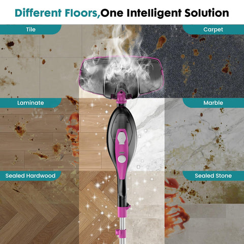 OLIXIS 10-in-1 steam mop demonstrates 180-degree swivel for tight corners.