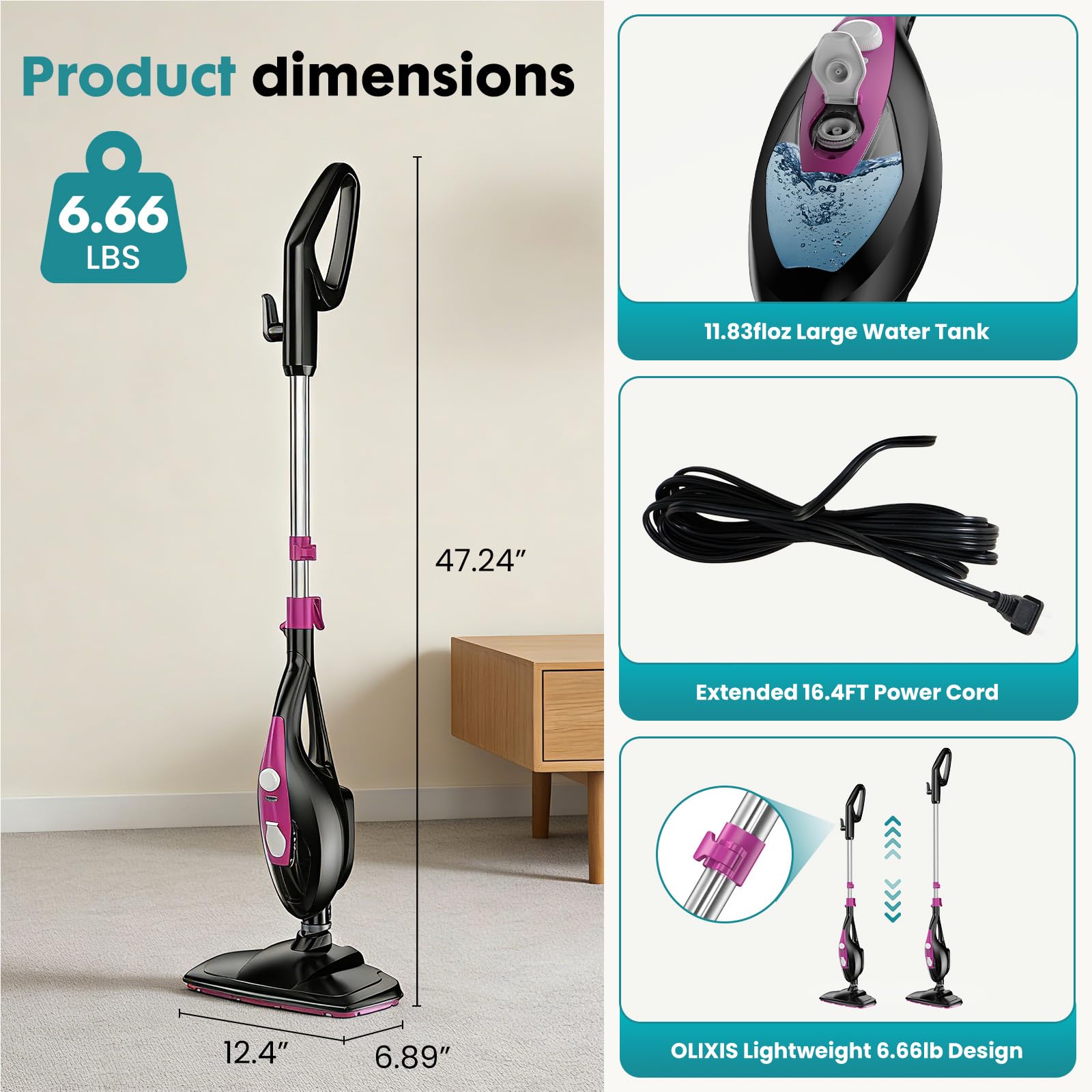 OLIXIS 10-in-1 steam mop cleans hardwood floors safely with steam.