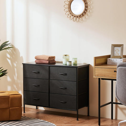 OLIXIS 6-drawer dresser side view highlighting sturdy frame and stability.