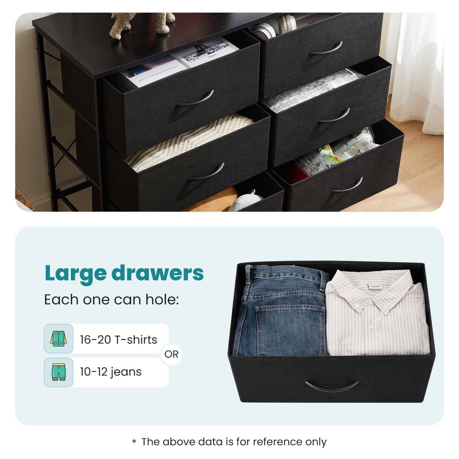 OLIXIS 6-drawer dresser top view showing flat surface for decor.