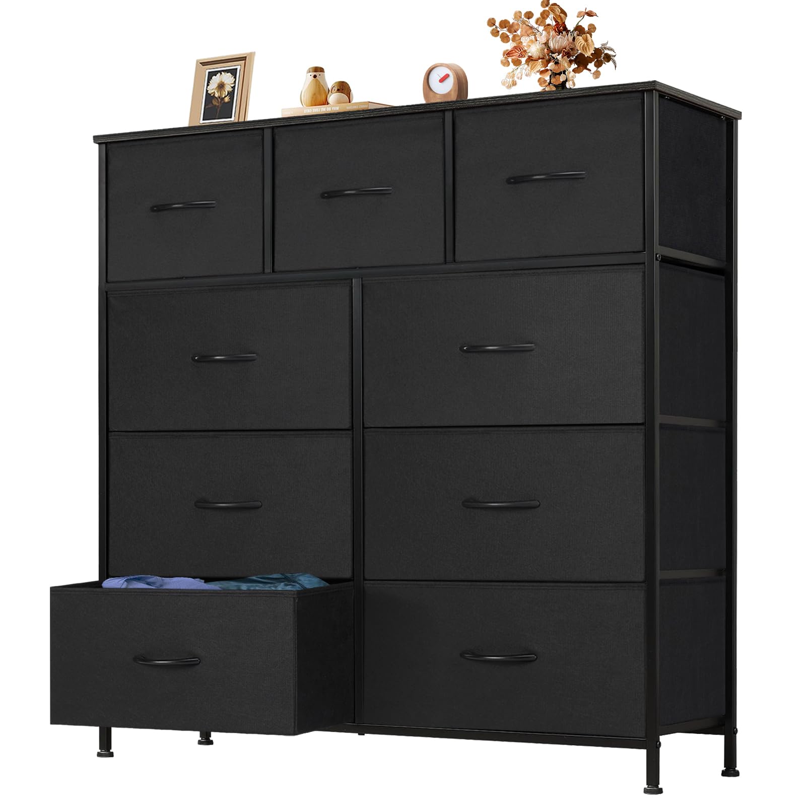 OLIXIS 9-drawer dresser with wood top in carbon black for organized bedroom storage.