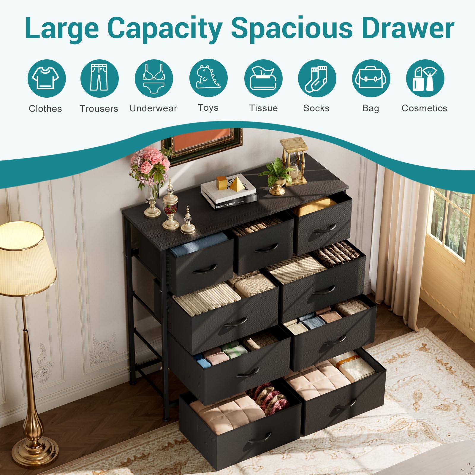 OLIXIS 9-drawers dresser drawer close-up shows smooth glide and easy access