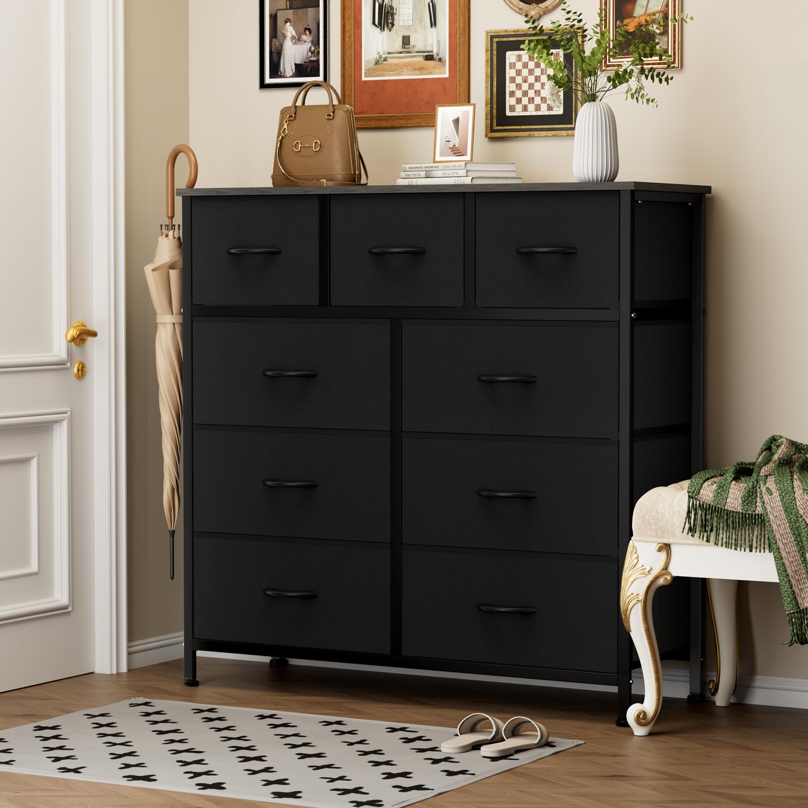 OLIXIS 9-drawers dresser side view highlights steel frame and load-bearing capacity for everyday use