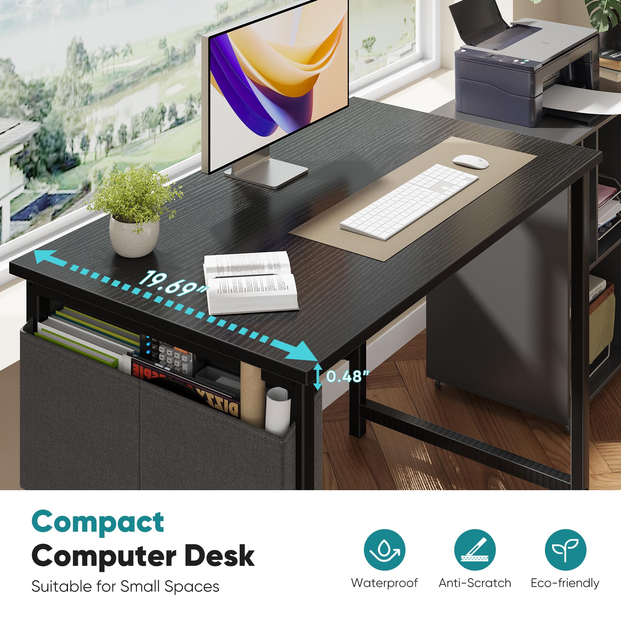 OLIXIS desk with integrated side pocket stores pens, notebooks, chargers neatly