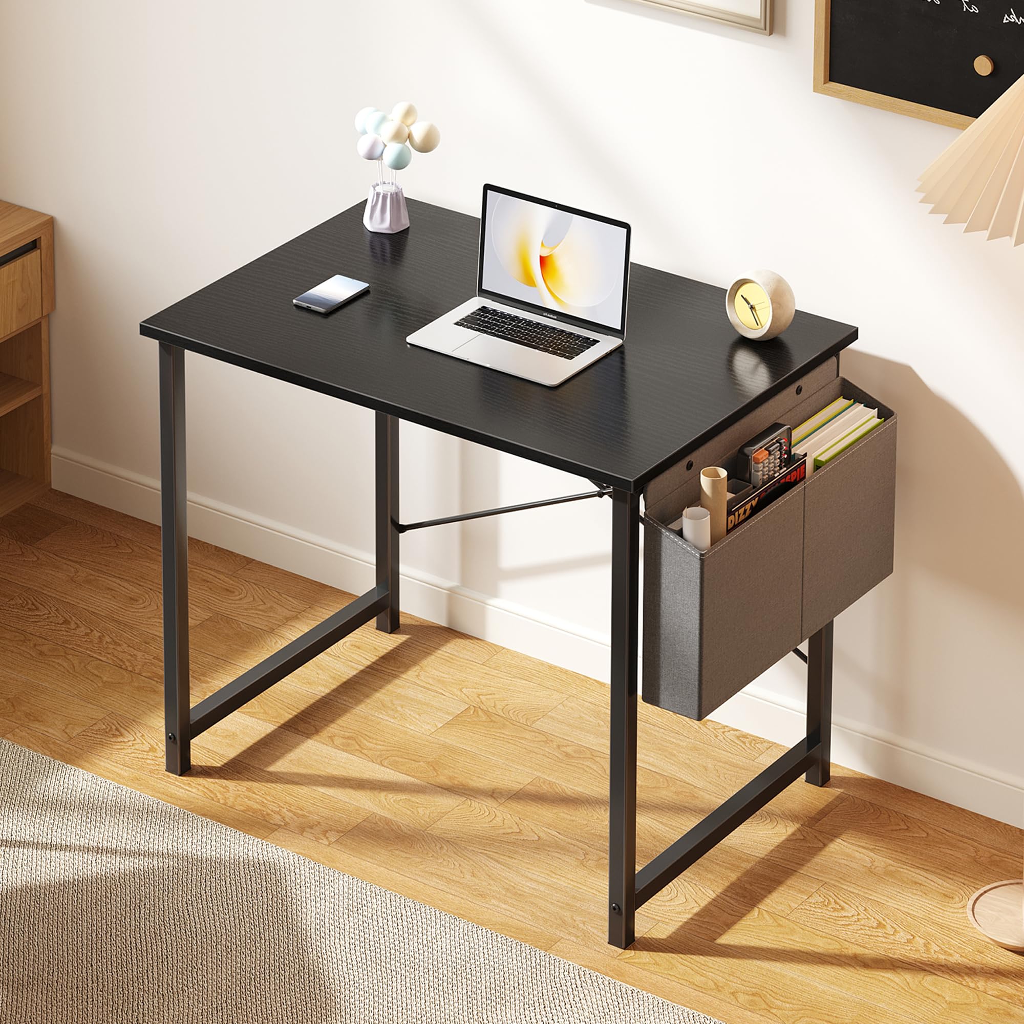 OLIXIS desk features a reversible side storage bag for quick organization