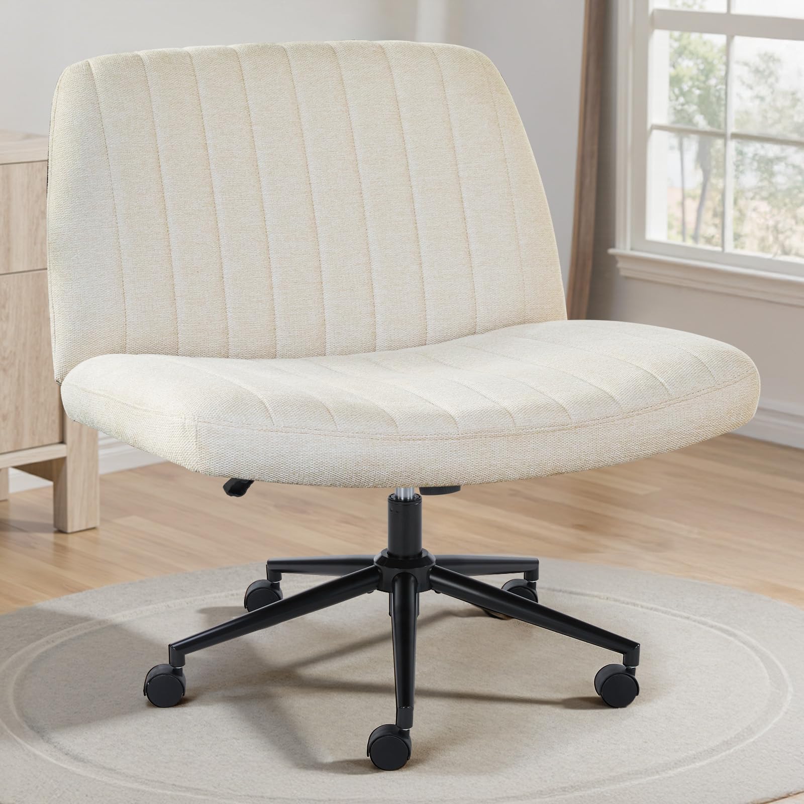 OLIXIS Criss Cross Chair with wheels shows a wide seat for comfortable cross-legged seating.