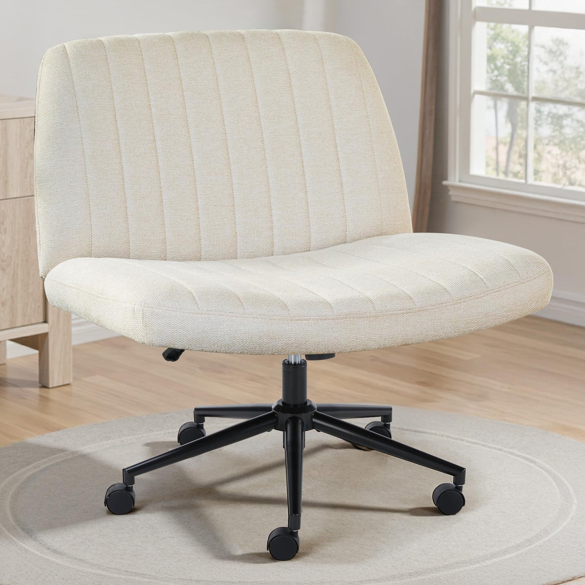 OLIXIS Criss Cross Chair with wheels shows a wide seat for comfortable cross-legged seating.