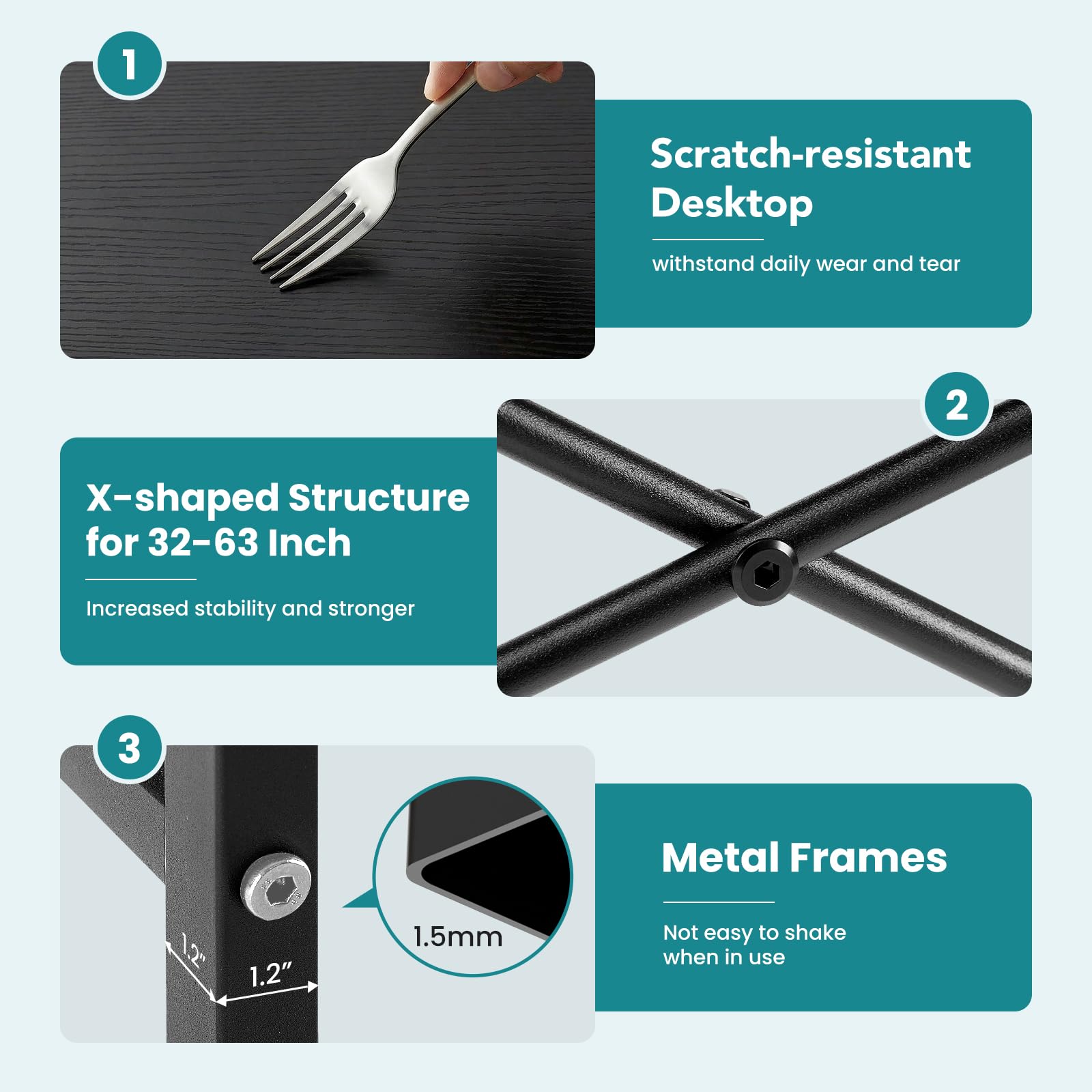 OLIXIS desk features heavy-duty square-tube legs supporting up to 265 lbs.
