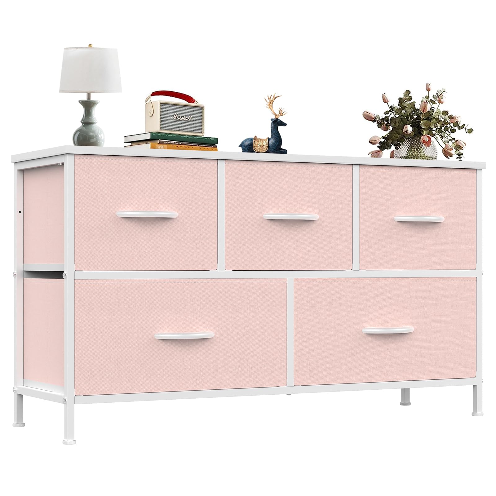 OLIXIS pink dresser top view showing five drawers for organized storage