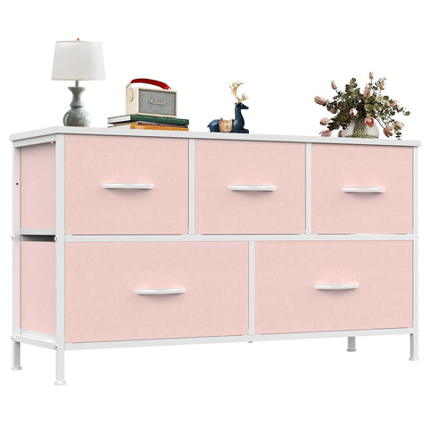 OLIXIS pink dresser top view showing five drawers for organized storage